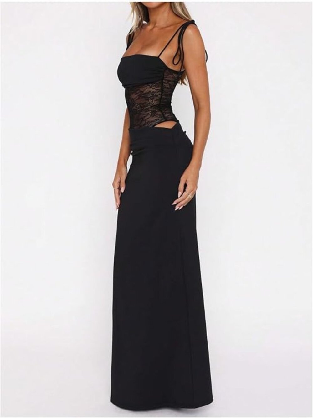 Floral Lace Sheer Midi Dress Wedding Guest Cut Out Tie Shoulder Elegant